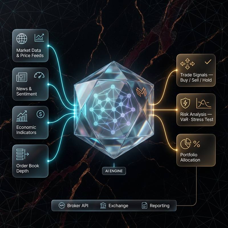 Schéma du moteur d'IA Misovex : flux de données de marché, actualités et carnet d'ordres convergeant vers un noyau, qui produit signaux, analyse de risque et allocation