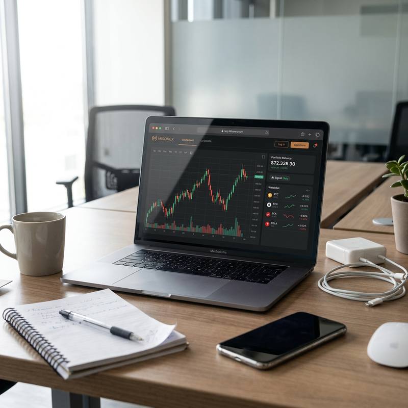 Le tableau de bord Misovex ouvert sur un ordinateur portable, affichant un graphique en chandeliers, le solde du portefeuille et une liste de suivi crypto