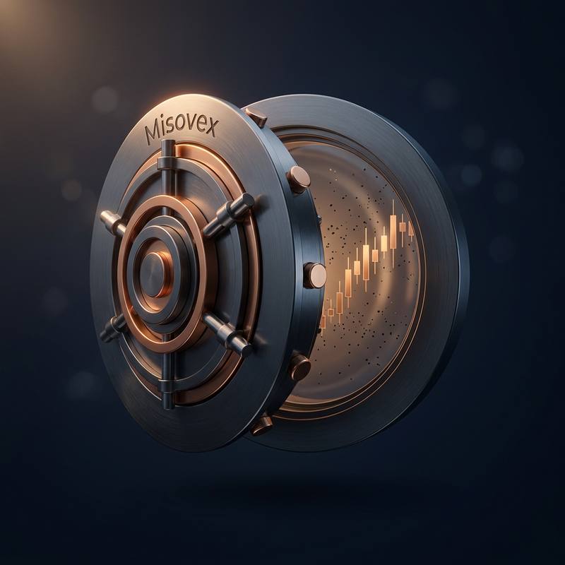 Un coffre-fort numérique gravé du nom Misovex, entrouvert sur un graphique en chandeliers cuivré