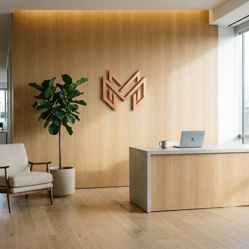 Le hall d'accueil de Misovex, avec le monogramme cuivré au mur derrière la banque d'accueil