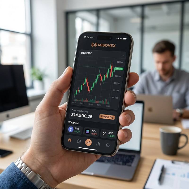 Une main tenant un smartphone affichant l'application Misovex : graphique BTC, solde du portefeuille et liste de suivi