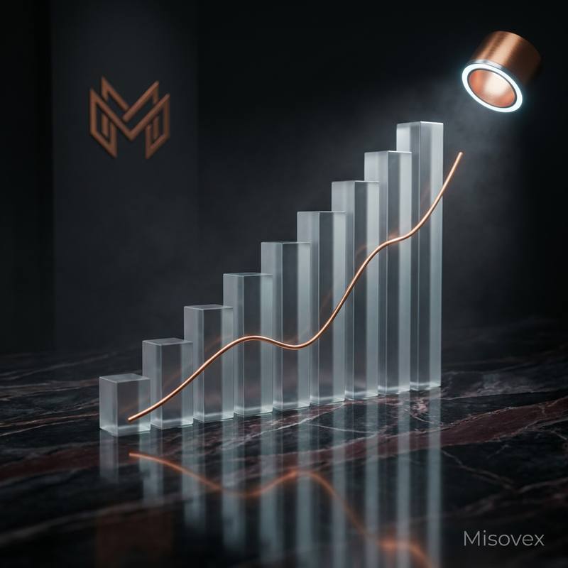 Histogramme en verre dépoli surmonté d'une courbe de progression cuivrée, sous le logo Misovex